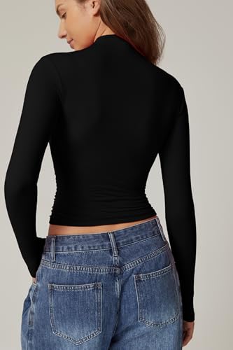 QINSEN Womens Mock Neck Long Sleeve Shirt Double Lined Basic Tees Side Ruched Going Out Crop Tops3