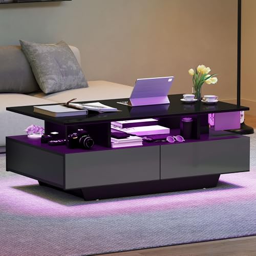 GOOBED LED Coffee Table with Storage, Glossy LED Coffee Tables for Living Room, Small Center Table with Open Display Shelf & Sliding Drawer, Rectangular Coffee Table, Black