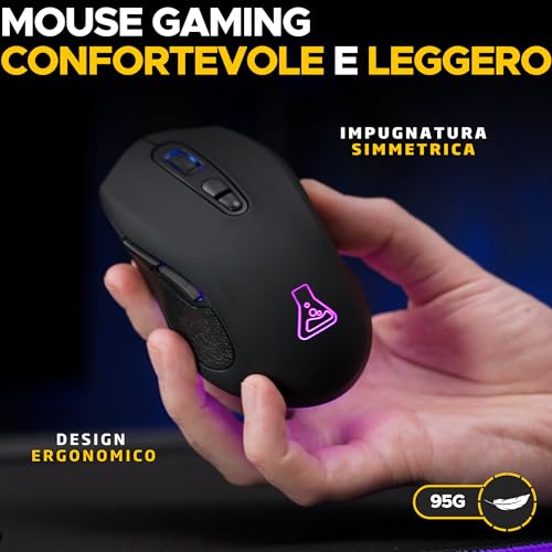 Kult Krypton - Mouse Gaming Senza Fili 6400 DPI, Mouse Wireless Gaming Bluetooth & 2.4 GHz, RGB, Batteria Lunga Durata, 7 Pulsanti, Leggero e Ambidestro - Nero - Mouse gaming - Immagine 1