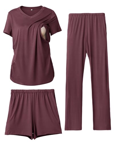 Image of Rnxrbb 3 Piece Women's Maternity Nursing Pajamas Set V Neck Breastfeeding Pjs Sleepwear Postpartum Shorts&Pants Pockets