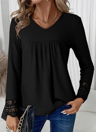 Dokotoo Women's Tops Casual V Neck Long Sleeve Waffle Knit Textured Lace Hollow Out Shirts Loose Tunic Tops Blouses2