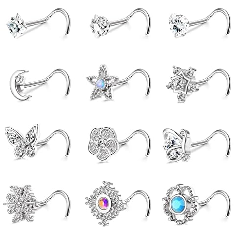 CASSIECA 12 Stück 20G Edelstahl Nasenringe Ohrstecker für Frauen Schrauben L-förmige Nasenstecker Zirkonia Mond Stern Schneeflocke Blume Schmetterling Nasenpiercing Ohrstecker Cover
