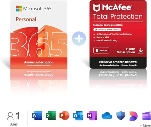 Microsoft 365 Personal | 1 Person | 1TB Cloud Storage | AI Office Apps | Renews for £84.99 + McAfee Total Protection | 5 Devices | Renews for £95.99 | Annual auto-renewing Amazon subscription