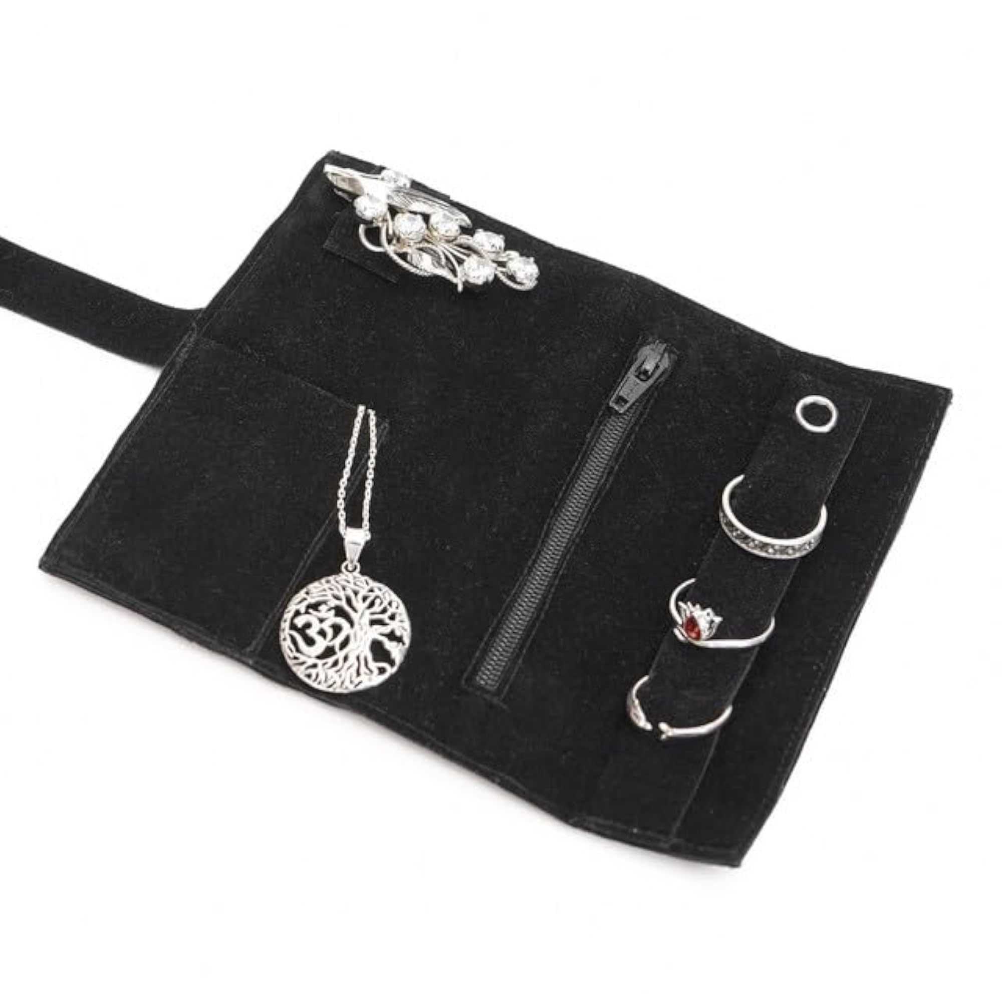 Floral Embroidered Suede Jewelry Roll Organizer