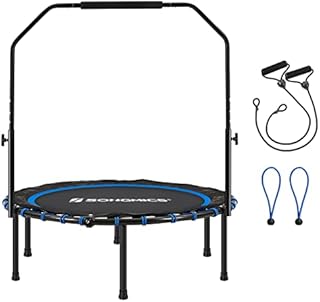 SONGMICS 40 Inches Mini Fitness Trampoline, Fitness Rebounder with Adjustable Handrail, Foldable Trampoline for at-Home Workout, Max. Load 264.6 lb, Blue and Black USTR040Q01