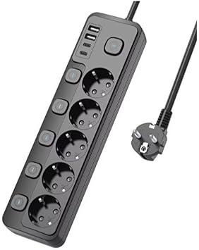 5 Priz + 4 USB (2 Type-C) Akım Korumalı Anahtarlı Uzatma Kablosu - 2 Metre - Enerji Tasarruflu Priz