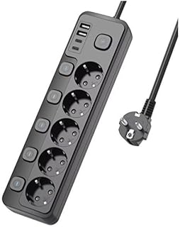 5 Priz + 4 USB (2 Type-C) Akım Korumalı Anahtarlı Uzatma Kablosu - 2 Metre - Enerji Tasarruflu Priz