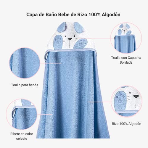 Ti TIN Asciugamano Per Neonato con Cappuccio 100% Cotone | Asciugamano Morbido e Assorbente con Cappuccio con Un Disegno Di Orecchie a Coniglietto in Azzurro, 100x100 cm