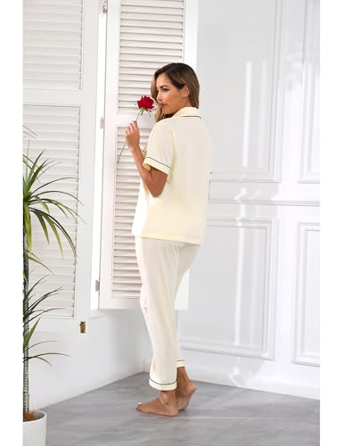 Image of COLORFULLEAF Women's 100% Cotton Pajamas Set Button Down Sleepwear Short Sleeve Shirt and Long Pants Soft Ladies Lounge Sets