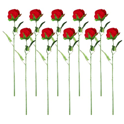 Rrlihjgu rosas rojas flores artificiales – 10 tallos de flores decorativas para florero | ramo eterno para boda, cumpleaños, día de la madre, San Valentín, decoración interior y exterior