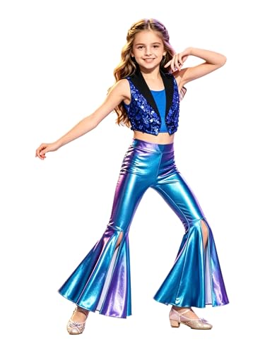 Gilet fille et pantalons flare métalliques brillants style cocktail bleu raffiné
