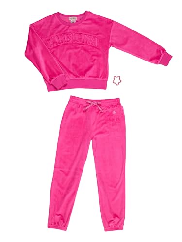 Paris Hilton Girls Velour CALIFORNIA Sweatshirt and Joggers 2 Piece Lounge Set w Hair Tie 7/8 Pink Glo