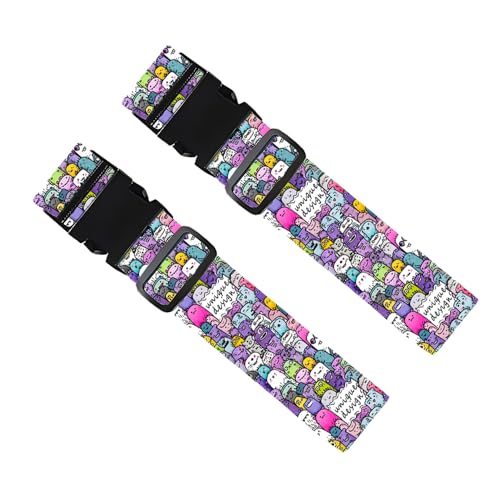 Image of Cute Cartoon Monster Luggage Straps 2 Pack - Colorful Doodle Character Suitcase Belts with Quick-Release Buckle, Fun Kids Travel Accessories, Gift