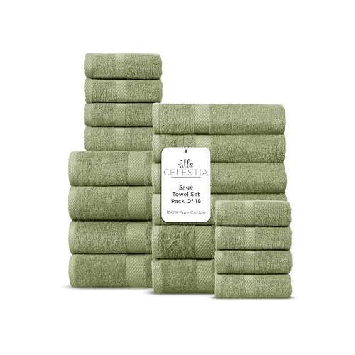 Image of Villa Celestia 18-Piece 100% Cotton Towel Set, 4 Bath Towels, 6 Hand Towels, 8 Wash Cloth, Quick-Dry, Sage