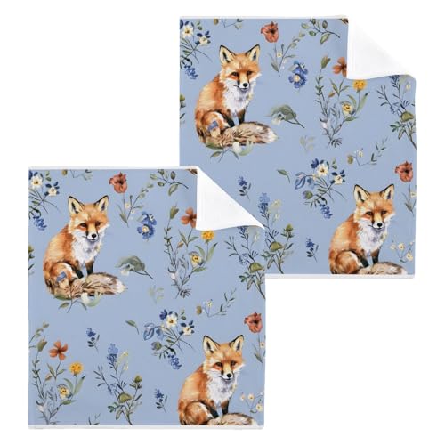 ALAZA Wash Cloth Set 100% Cotton Fingertip Towels Face Cloths Sets Fox Floral Blue Highly Absorbent Soft Feel Set of 2