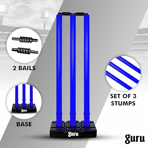 Image of Guru Cricket Wicket Set, Heavy Plastic Cricket Stumps Set - 3 Stumps + 2 Bails + 1 Base Stand