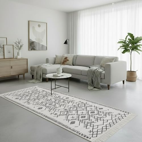 Jimri Alfombra de Pasillo - alfombras para salón, Dormitorio, Cocina, habitación Infantil, baño - Alfombra Boho Kelim - Blanco y Negro, 80 x 150 cm