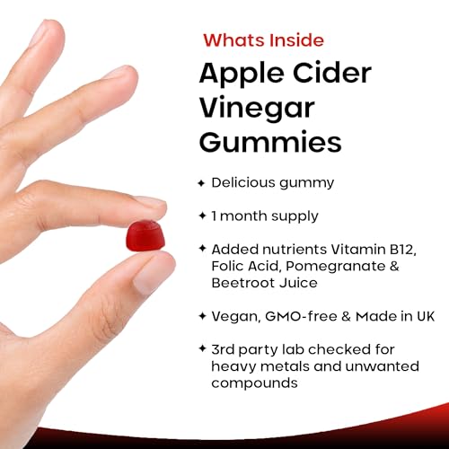 Apple Cider Vinegar Gummies Vegan with The Mother High Strength + Vitamin B12 Folate Pomegranate & Beetroot – Fresh Pure Unfiltered Vinegar Not Powder Apple Cider Vinegar Gummy 1 Per Serving - Image 3
