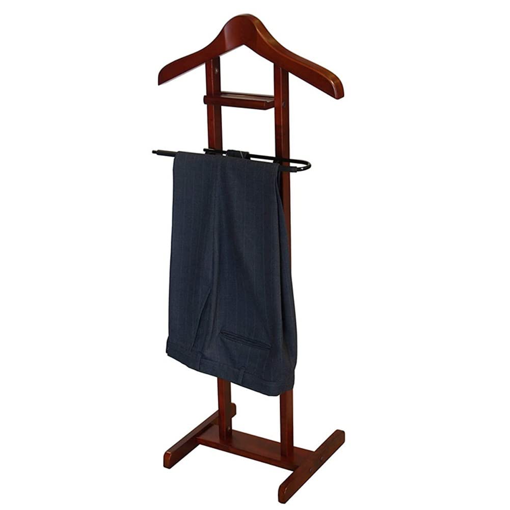 FGXHHS Wooden Valet Stand - Space-Saving Suit Rack with Contour Hanrs, Trouser Bar & Shoe nizer Ele Garment Sto for Coats Pants, Brown, 45.7x33x109.2cm