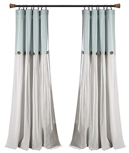 Lush Decor Linen Button Window Curtain Panel, Single, 40" W x 84" L, Blue & Off White- Country Curtains - Rustic Decor - Color Block - Modern Farmhouse Curtains