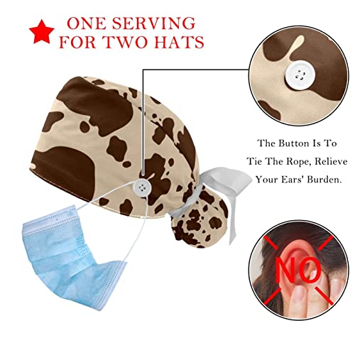 Image of 2 PCS Bouffant Cap with Button Ponytail Pouch Working Cap Sweatband Adjustable Surgical Cap Black and White Cow