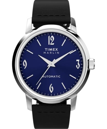 Timex Marlin Automatic TW2W93100   Reloj con Correa de Cuero Negro con Esfera Azul y Caja de Acero Inoxidable para Hombre, 40 mm