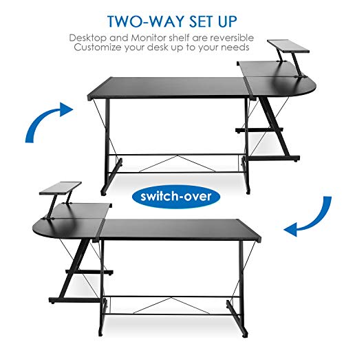 SIMBR L-Shaped Desk 58.4” Computer Desk, Corner Gaming Desk with Shelf, Home Office Desk Space-Saving Study Table Writing Workstation, Easy to Assemble, Black