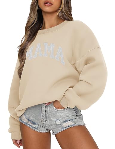 LOMON Crewneck Sweatshirts Women Pullover Sweaters Long Sleeve MAMA Sweater Graphic Fleece Tops（Light Apricot Letter,L
