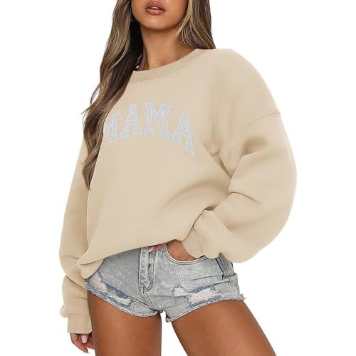 LOMON Crewneck Sweatshirt for Women Casual Oversized Pullover Hoodies Long Sleeve Fleece Tops Sweater Light Apricot Letter Medium