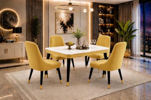 Image of WOODEN SPACE Majestic 4 Seater Wooden Dining Table Set | Urban Marble Top Dining Table with Chairs for Dining Room & Kitchen (Modern Vento Yellow) (54 x 36 x 30 inch)