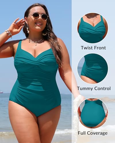 10 Best Bathing Suits with Tummy Control for Women Over 60: Flattering Swimwear for Confidence at Any Age 4 Yonique Women Plus Size One Piece Swimsuits Tummy Control Bathing Suits Twist Front Ruched Swimwear Blue Green 12W