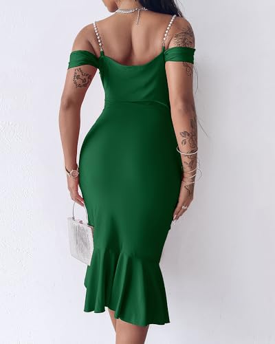 Image of CHICME Womens Sexy Bodycon Party Dress Off The Shoulder Pearls Strap Midi Dress Ruffle Hem Cocktail Dresses