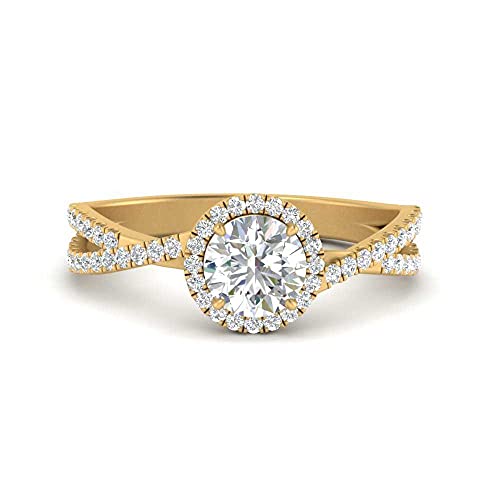 Bague engagement halo twist pierre précieuse ronde or jaune pour dame