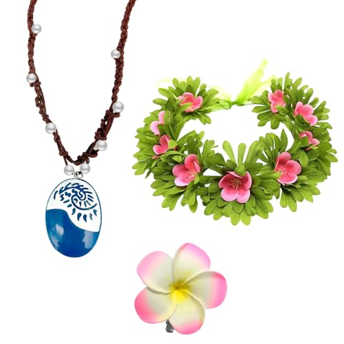 OptiPlay Collier Moana, 3 Pièces Accessoires de Costume Moana, Collier Moana Accessoires Kits, Bijoux Moana avec et Couronne de Fleurs et Pince à Cheveux, pour...