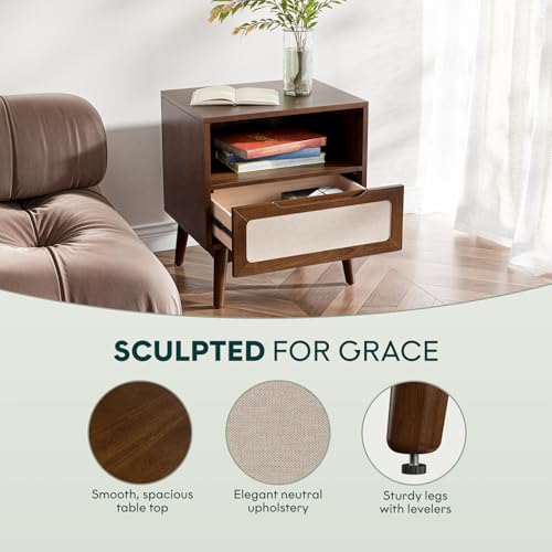 Image of Bme Calista Nightstand 1 Drawer - Solid Wood Chestnut Finish Bedside Table with Open Shelf & Fabric Panel Drawer, Mid-Century Modern Style with Tapered Legs, Easy Assembly