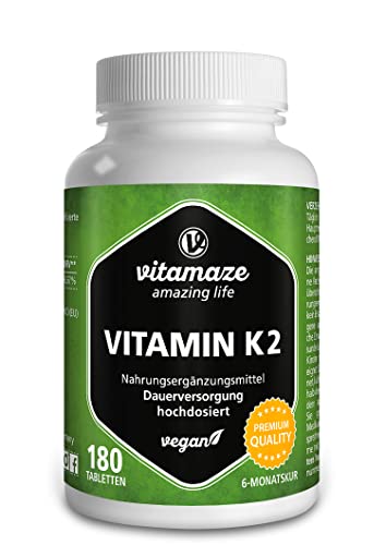 Vitamine K2 MK-7 à Fort Dosage, 200 mcg Ménaquinone pour 6 Mois - 180 Comprimés Vegan - Qualité Allemande, Complément Alimentaire sans Additifs Inutiles