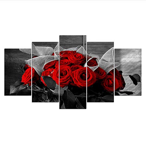 Moderne modulare Leinwand mit 5 Stück roten Rosen für Wohnkultur, HD-Druckbild 30x50 30x70 30x80cm ungerahmt