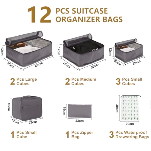 Große Koffer Organizer Set 12-teilig, Wasserdichte Packwürfel, Travel Organizer zum Gepäckpacken, Familienreisen, Aufbewahrung zu Hause Grau 5