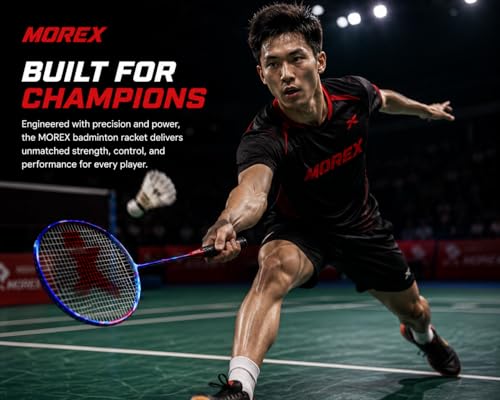 Image of Morex Carbon Graphite Badminton Racket with Full Cover Bag | Durable Carbon Shaft & Curve Frame for Better Sweet Spot & Smash Power | Ideal for Beginners & Advanced Players (Blue & Red)