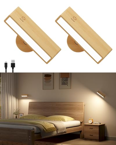 DetarZinLED Battery Operated Wall Sconces Set of 2,Rechargeable Wall Lights Wood,Stick On Wall Lights for Bedroom,Wall Mounted Bedside Reading Lamps Dimmable,Battery Powered Wall Lamp for Bedroom