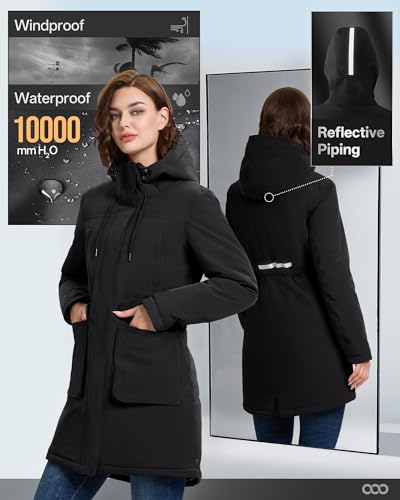 33,000ft Damen Wintermantel Lange Warme Winterjacke Parka Regenjacke Verdickene Funktionsjacke Mit Kapuze Übergangsjacke Outdoorjacke, Schwarz 2XL