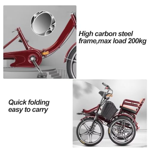Triciclo plegable para adultos, 3 ruedas, rojo vino miniatura 2