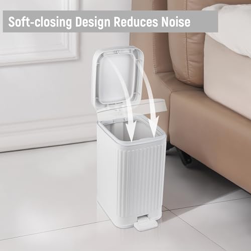 Image of rejomiik Small Bathroom Trash Can with Lid Slim Soft Close Garbage Can Step Wastebasket Container Trash Bin for Office Bedroom Kitchen Living Room (1.9 Gallon White)