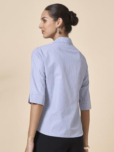 Image of Style Quotient Women Stripe Blue and White Polycotton Formal Shirt