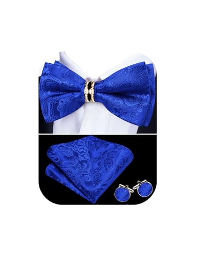 Image of YOHOWA Mens Bow Tie Set Paisley Pre-tied Bowties Adjustable with Handkerchief Cufflinks Gold Ring Set Wedding Prom Party