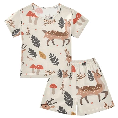 ALAZA Deer Mushroom Cartoon Pajamas Short Sleeve 2 Piece Sleepwear Top and Bottom Pajama Set Unisex