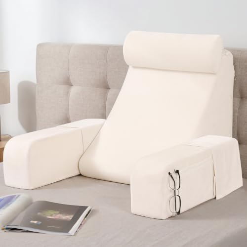 ENITYA 19' Back Pillow for Bed Sitting up, Big Pockets and Washable Removable Cover, Reading Chair...