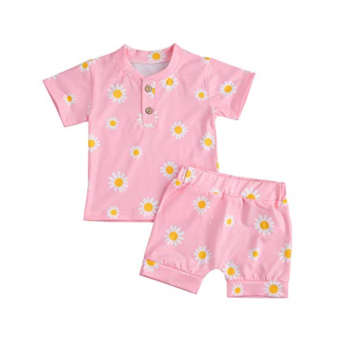 Newborn Toddler Baby Boys Girls Pajama Set Cute Sunflower Outfits Short Sleeve Shirt Shorts Sleepwear Sets (Pink,12-18 Months)