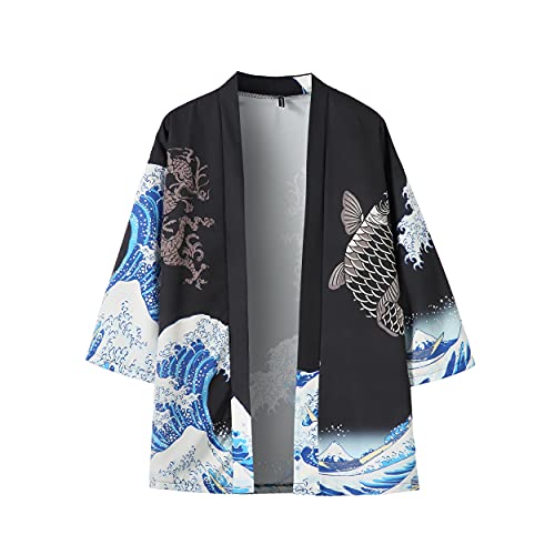 Image of PRIJOUHE Mens Kimono Set Japanese Haori & Shorts 2 Piece Summer Outfits | Silky Polyester 3 /4 Sleeve Yukata Cardigan Suit Loose Happi Coat Elastic Waist Beach Casual Daily Vacation Lounge Sleepwear