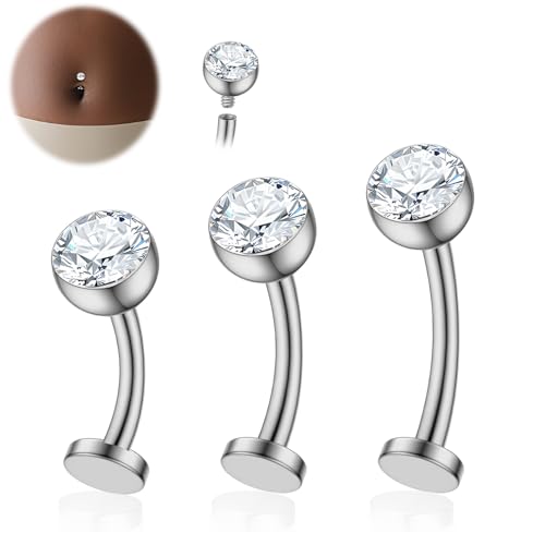 QUZIONE Titanium Floating Belly Ring Set 14G – 8mm/10mm/12mm Curved Barbells with 5mm Cubic Zirconia Crystal, 5 Colors – Hypoallergenic Implant Grade Piercing Jewelry (Silver)